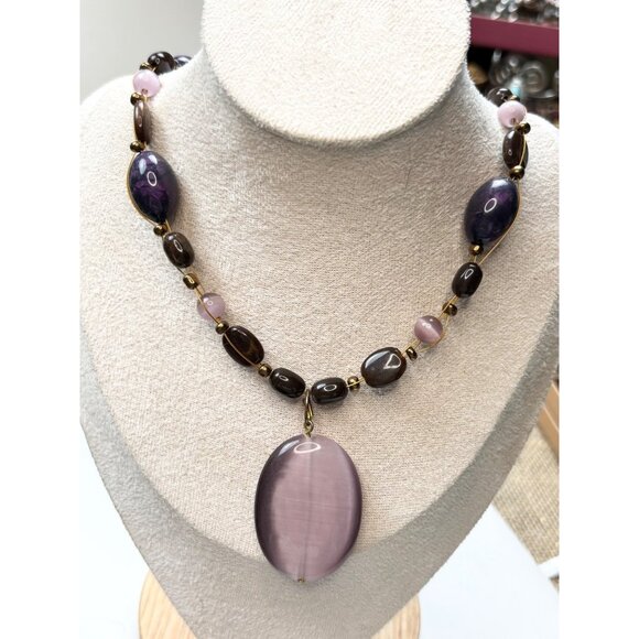 Purple & Brown Beaded Necklace With Large Glass Center Pendant - Picture 2 of 6